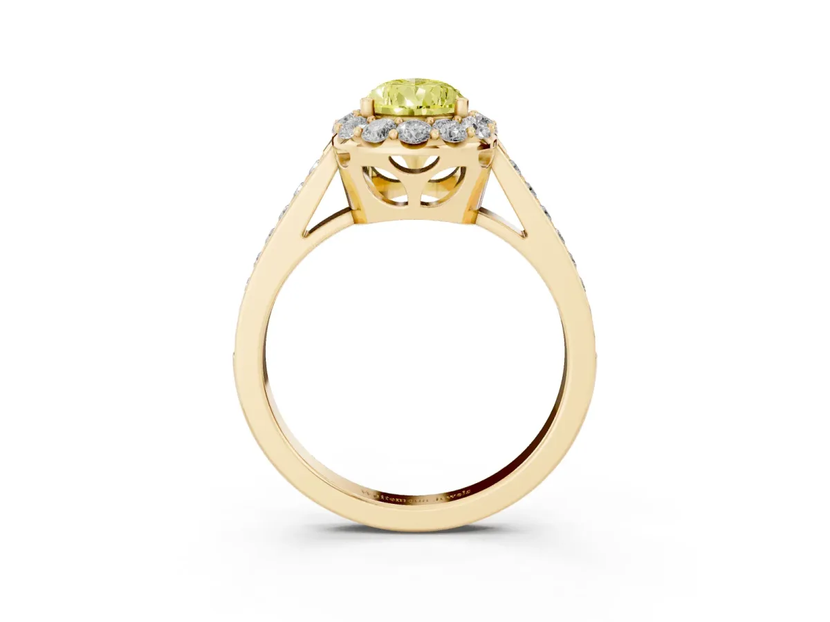 Fancy Yellow Pear Cut Diamond Floral Halo Ring with Pavé Band and Prong Setting Yellow gold