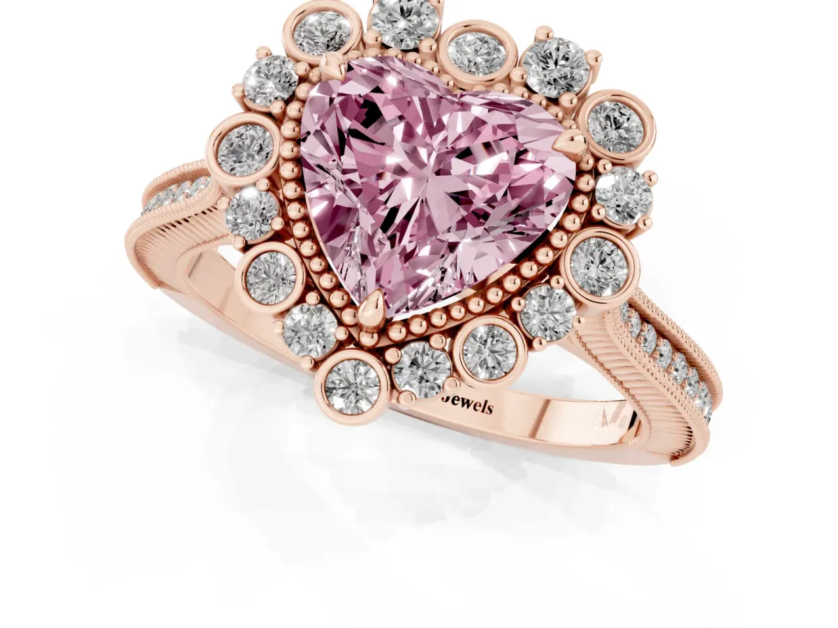 Fancy Pink Heart Cut Halo Milgrain Pave Diamond Ring with Four-Prong Setting Rose gold