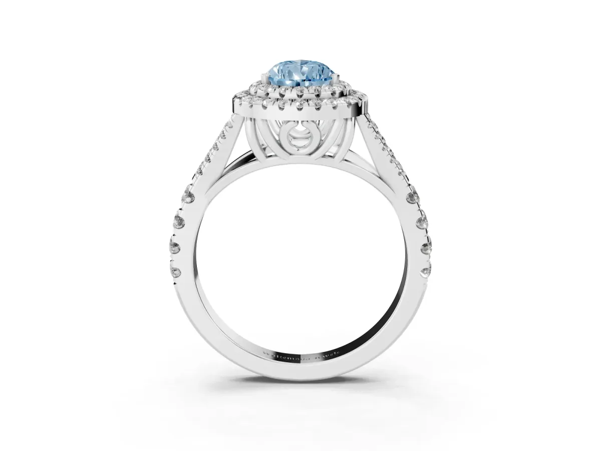 Fancy Blue Double Halo Pear Cut Diamond Split Shank Engagement Ring with Four-Prong Setting Silver