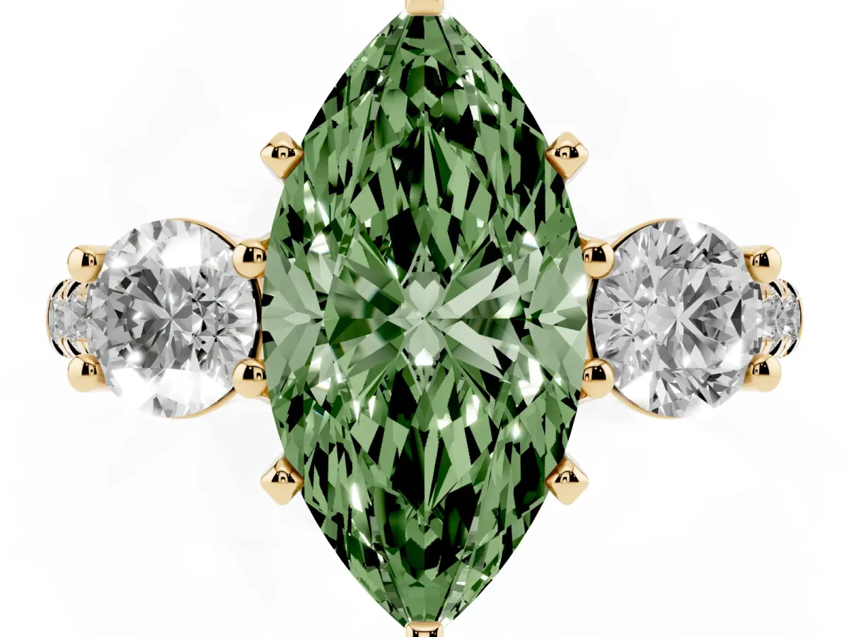 Fancy Green Three-Stone Marquise Cut Diamond Pavé Band with Four-Prong Setting Yellow gold