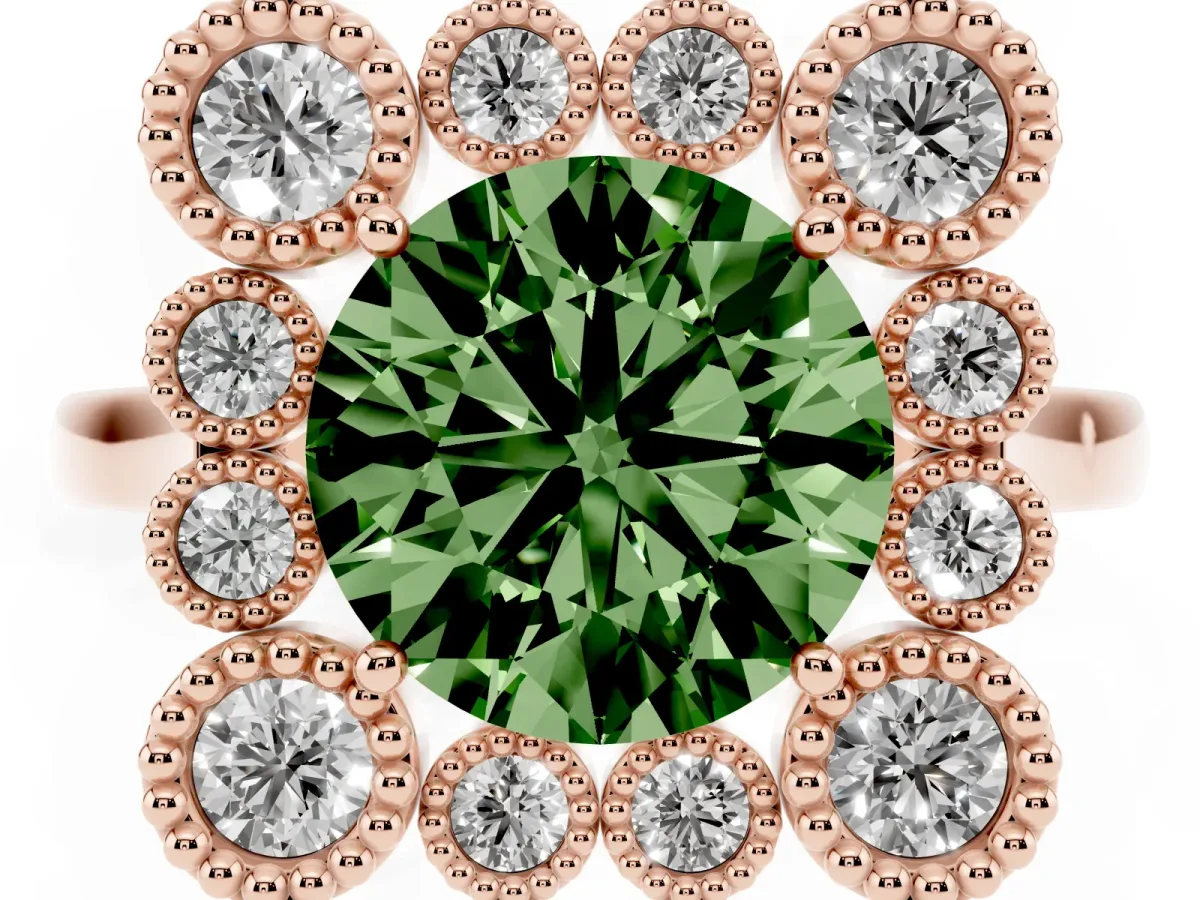 Fancy Green Round Cut Halo Diamond Cluster Engagement Ring with Milgrain Bezel Setting and Solitaire Band Rose gold