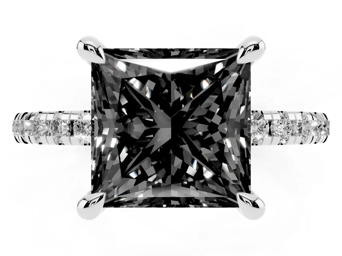 Fancy Black Princess Cut Diamond Brilliant Solitaire Ring with Pavé Band and Four-Prong Setting White gold