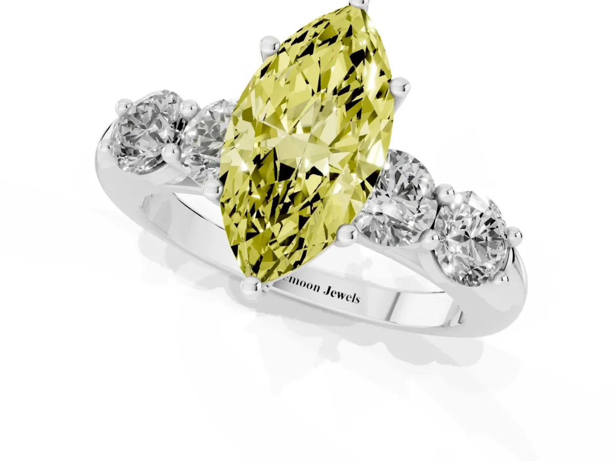 Fancy Yellow Marquise Cut Cut Five-Stone Prong Set Diamond Ring with Classic Band Silver