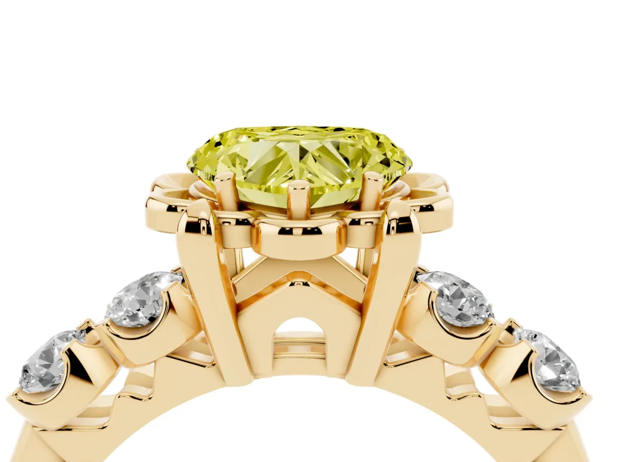 Fancy Yellow Heart Cut Cut Diamond Floral Halo Engagement Ring with Shared Prong Setting Yellow gold