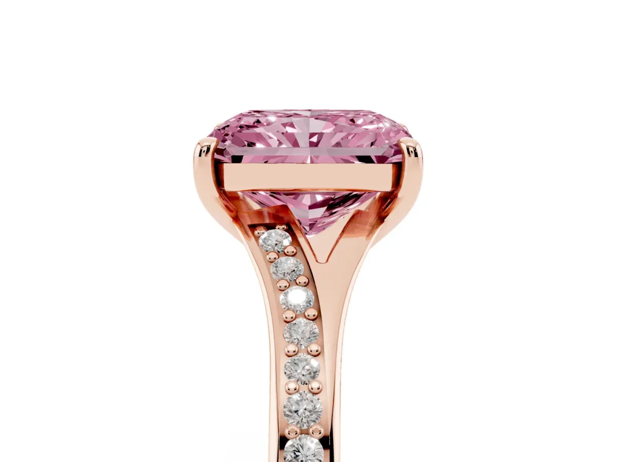 Fancy Pink Radiant Cut Diamond Solitaire Ring with Pavé Band and Prong Setting Rose gold