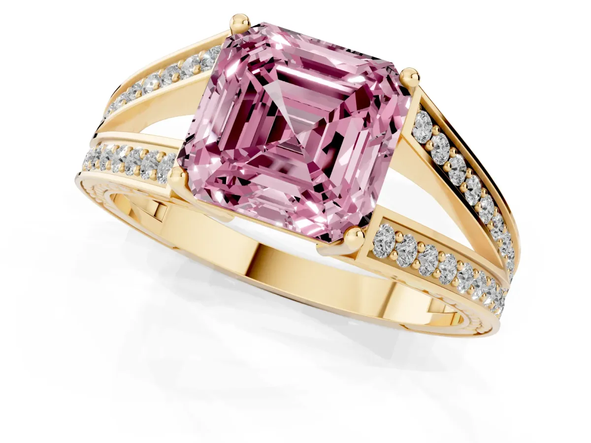 Fancy Pink Asscher Cut Diamond Split Shank Ring with Pavé Band and Four-Prong Setting Yellow gold