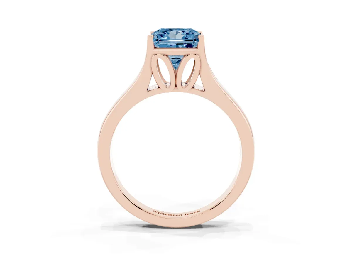 Fancy Blue Princess Cut Solitaire Diamond Ring with Cathedral Band and Four-Prong Setting Rose gold
