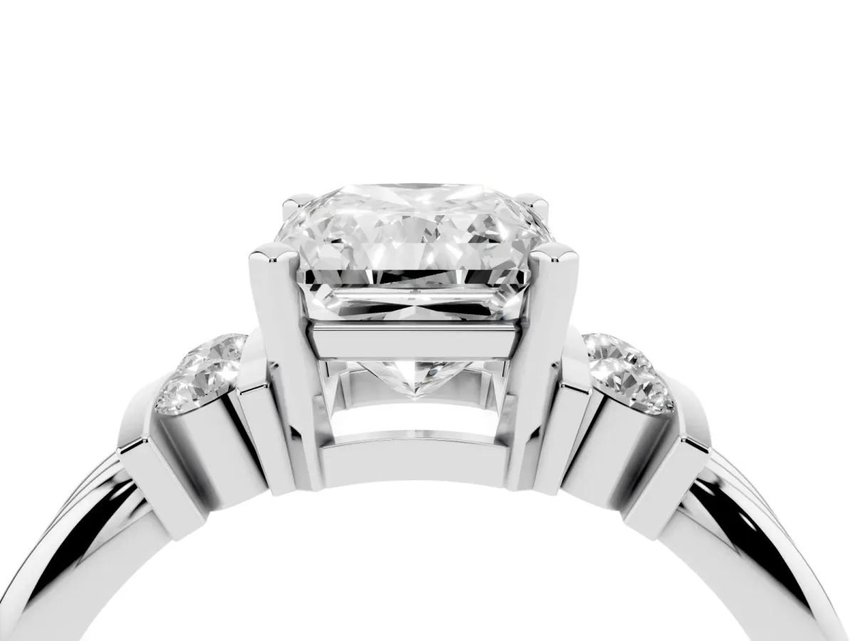 Radiant Cut Cut Three-Stone Channel Set Ring with Bar Prongs Silver
