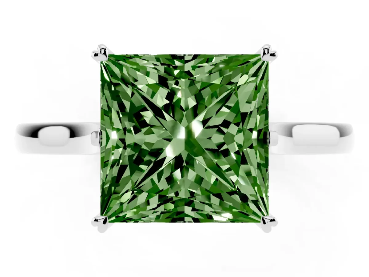 Fancy Green Princess Cut Solitaire Heart Prong Engagement Ring with Tapered Band Platinum