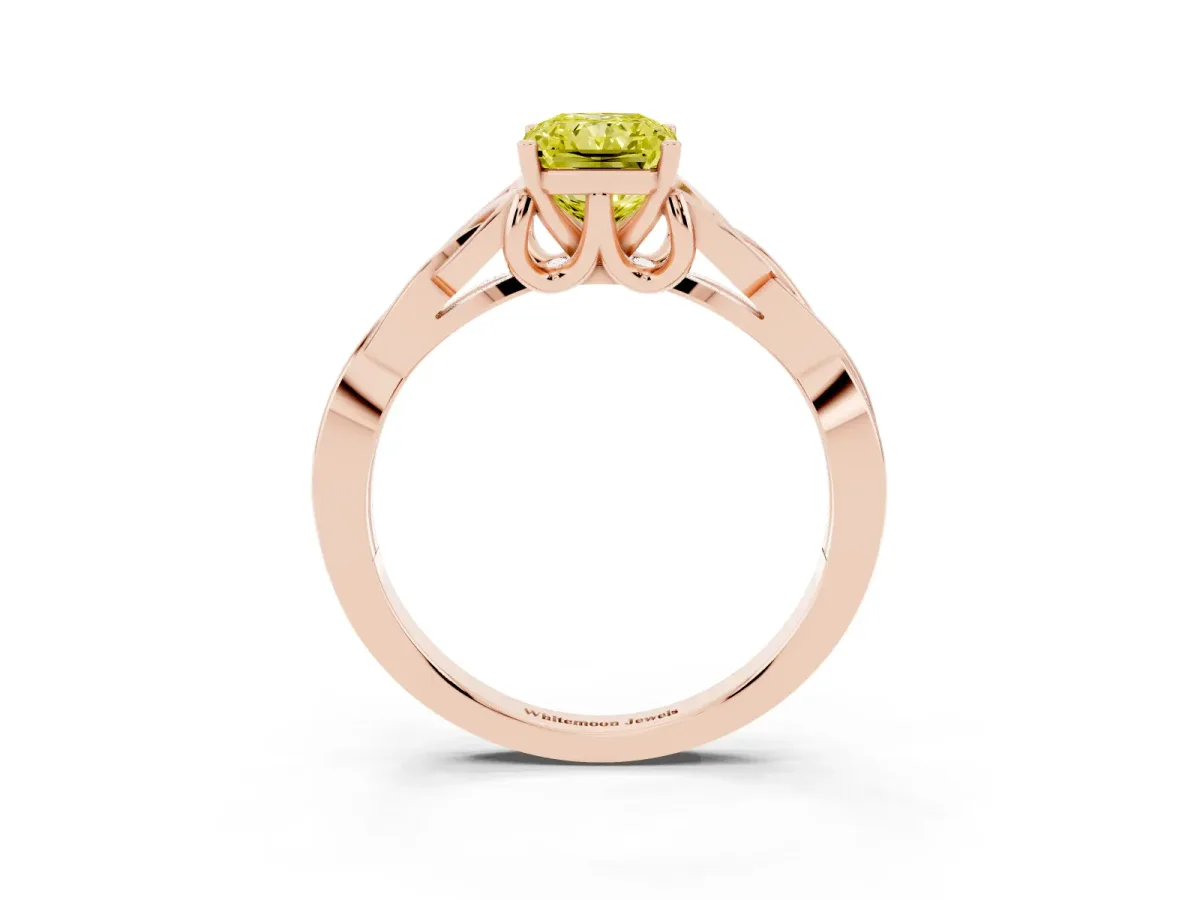 Fancy Yellow Radiant Cut Diamond Solitaire Engagement Ring with Celtic Knot Band and Four-Prong Setting Rose gold