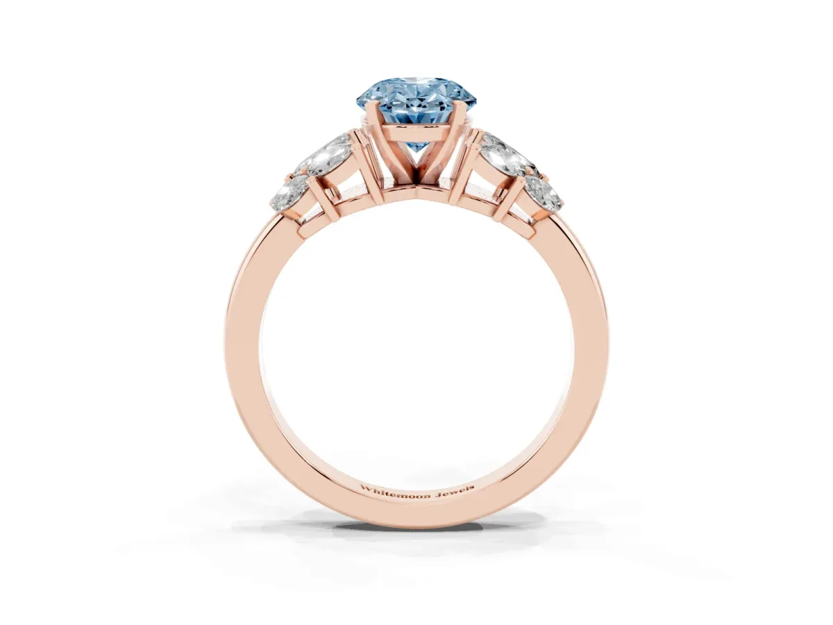 Fancy Blue Oval Cut Diamond Cluster Leaf Design Ring with Prong Setting Rose gold