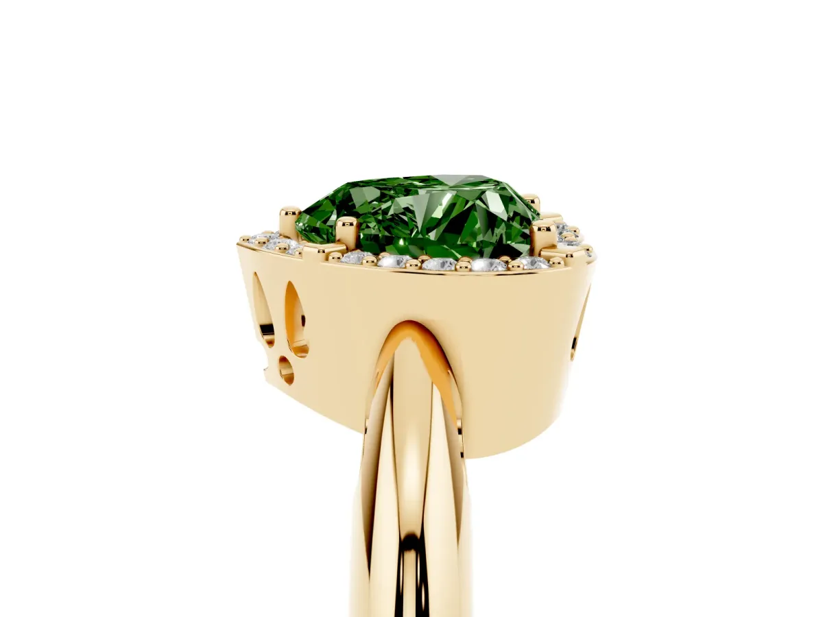 Fancy Green Heart Cut Cut Diamond Halo Engagement Ring with Split Shank and Four-Prong Setting Yellow gold