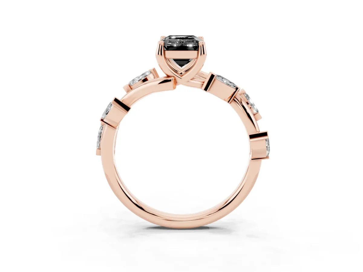 Fancy Black Emerald Cut Solitaire Twisted Band Marquise Accent Prong Setting Ring Rose gold