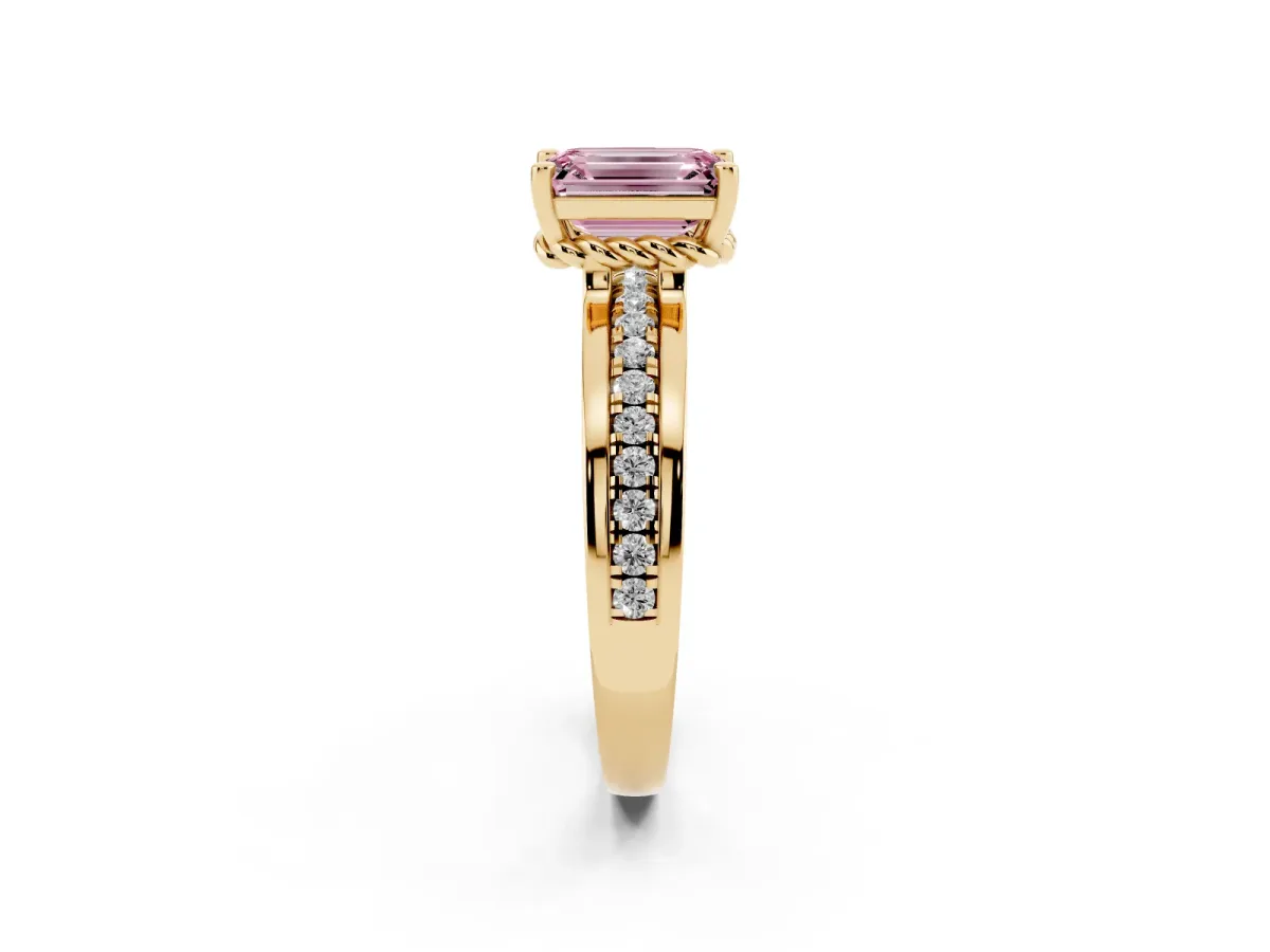 Fancy Pink Emerald Cut Solitaire Diamond Ring with Channel Set Band and Six-Prong Setting Yellow gold