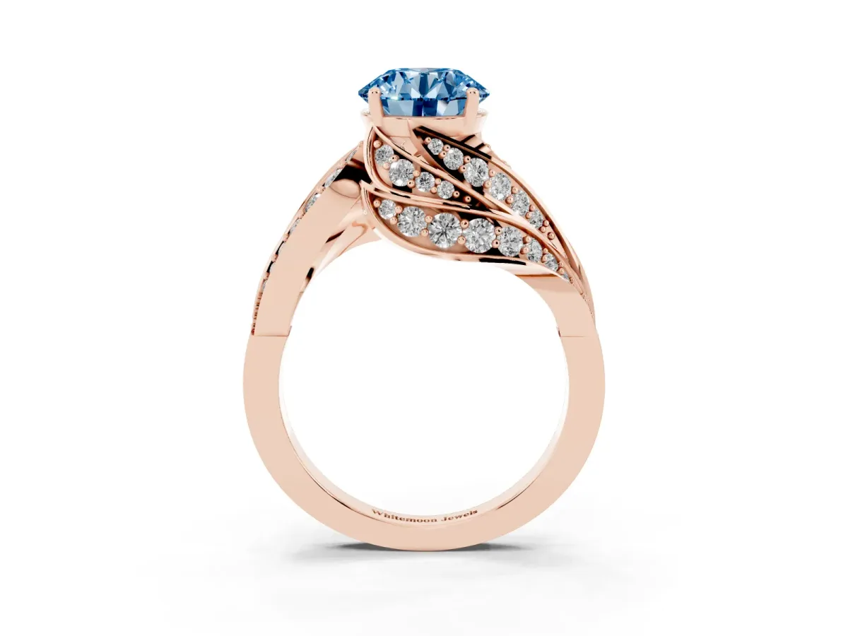 Fancy Blue Round Cut Diamond Solitaire Ring with Prong Setting and Twisted Pavé Band Rose gold