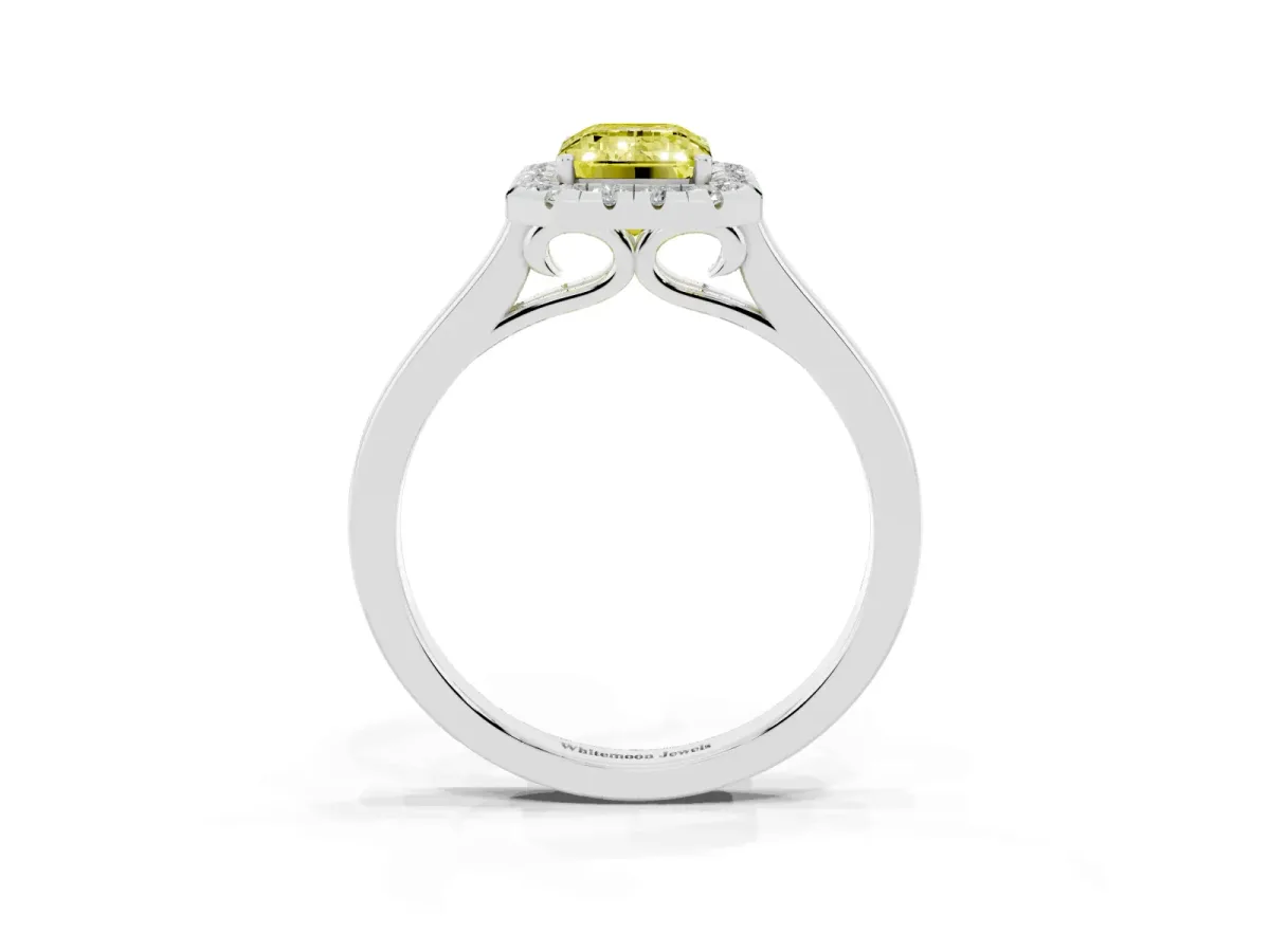 Fancy Yellow Emerald Cut Halo Round Diamond Solitaire Ring with Pavé Band and Four-Prong Setting Silver