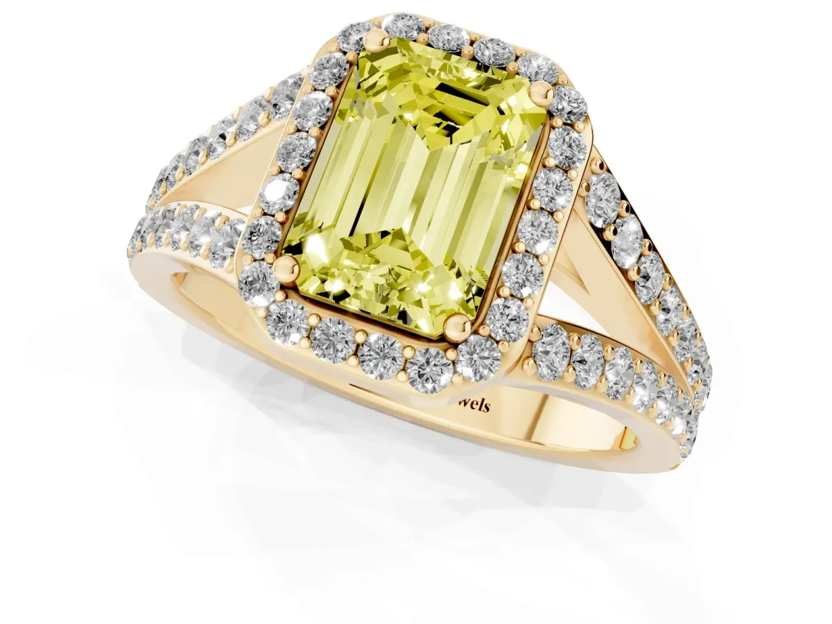 Fancy Yellow Emerald Cut Diamond Split Shank Halo Ring with Four-Prong Setting Yellow gold