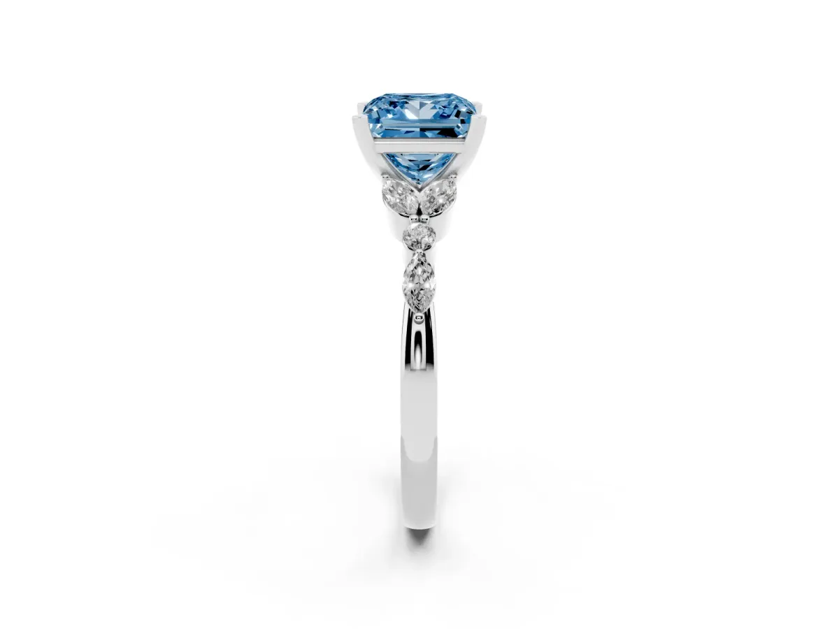 Fancy Blue Princess Cut Diamond Solitaire Ring with Side Stones and Four-Prong Setting Platinum