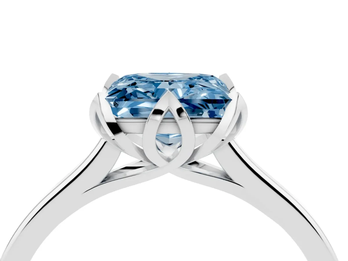 Fancy Blue Princess Cut Diamond Solitaire Ring with Flower Prong Setting and Classic Band Silver