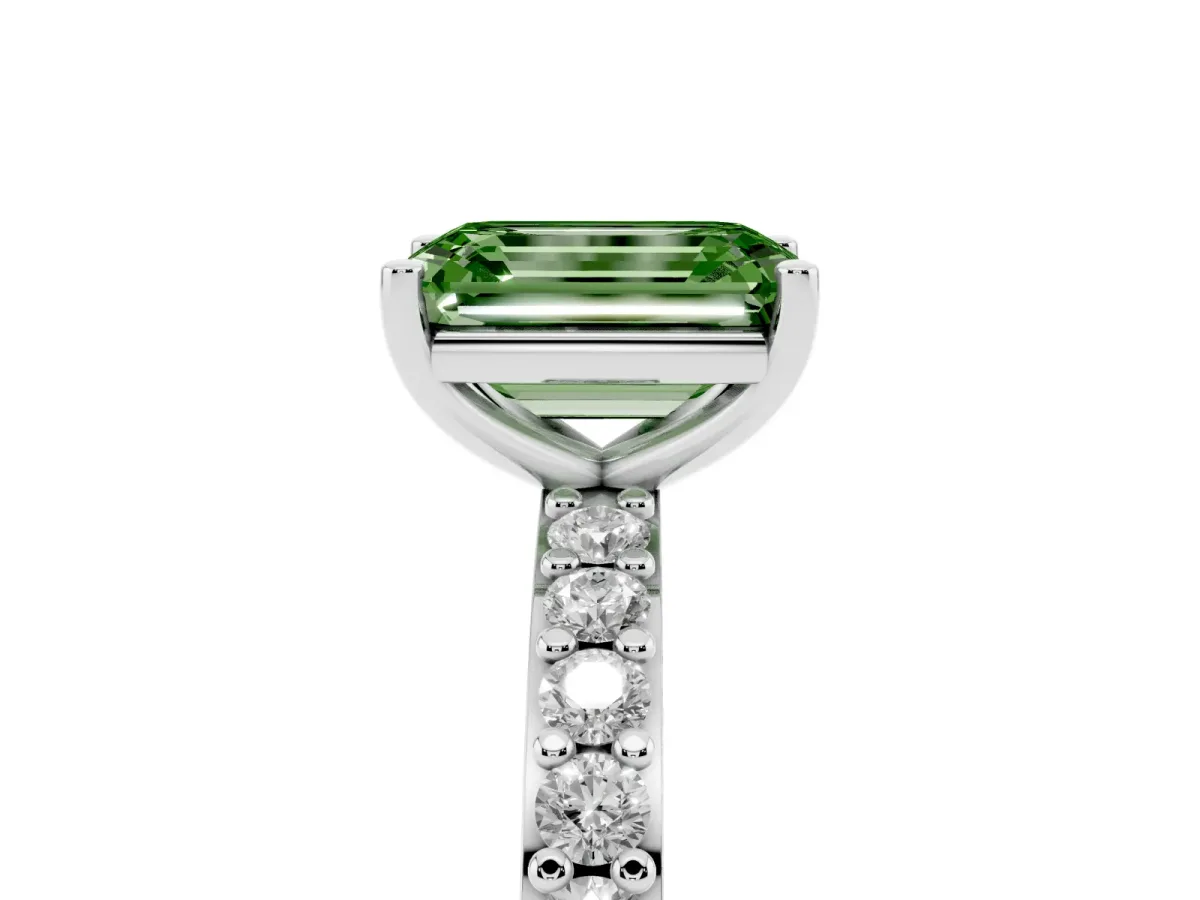 Fancy Green Emerald Cut Cut Diamond Solitaire with Pave Band and Four-Prong Setting Silver