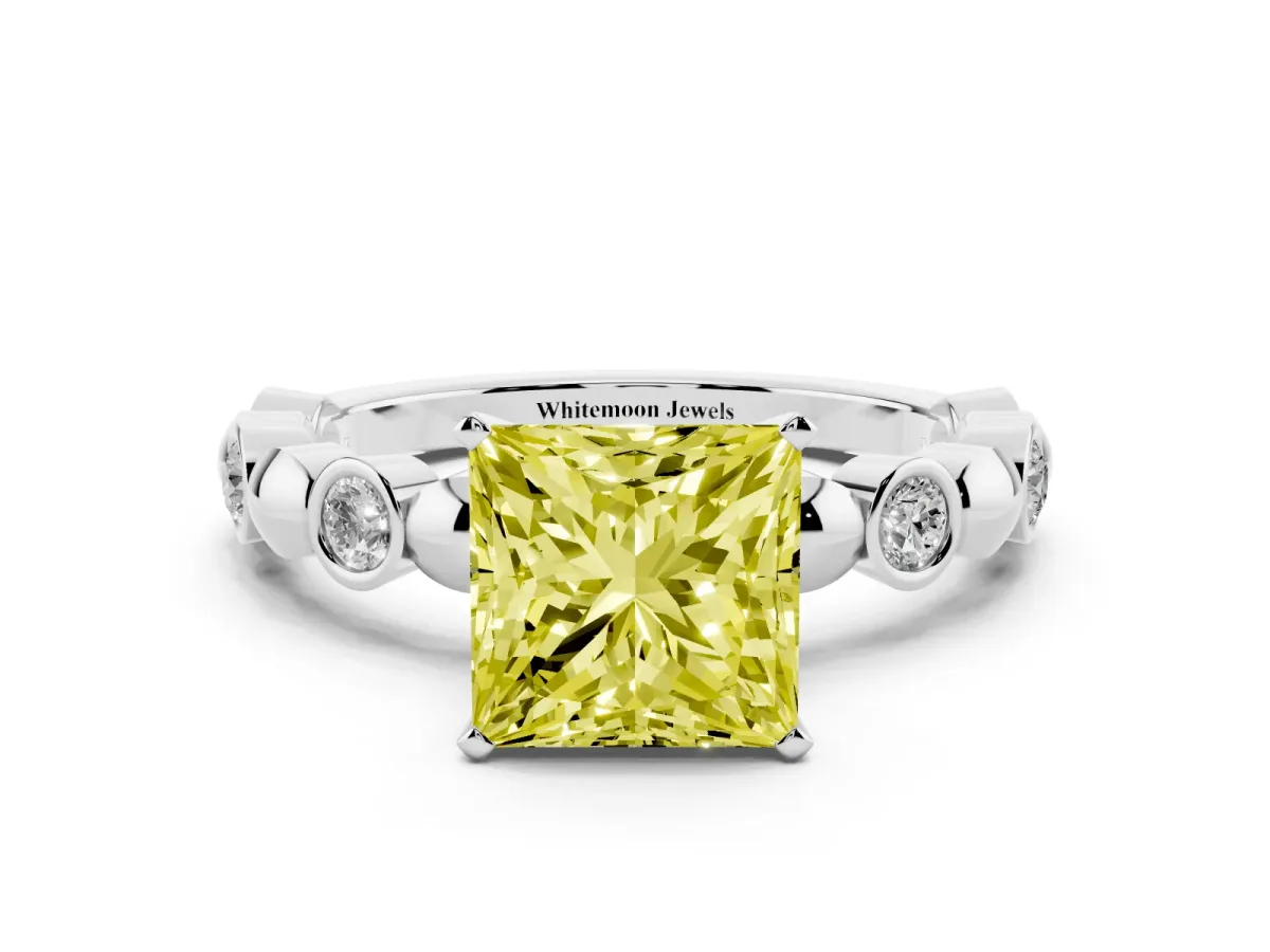 Fancy Yellow Princess Cut Solitaire Bezel-Set Diamond Ring with Beaded Band and Four-Prong Setting Silver