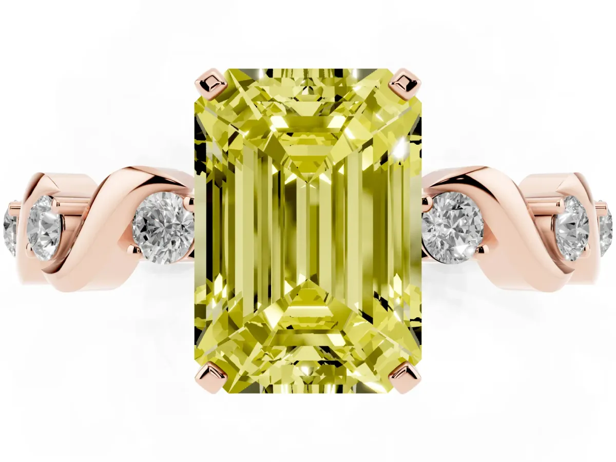 Fancy Yellow Emerald Cut Diamond Solitaire Twisted Band with Round Accents and Prong Setting Rose gold