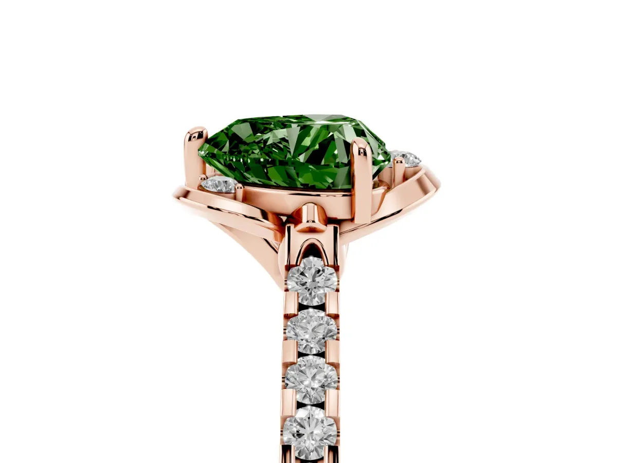 Fancy Green Heart Cut Diamond Ring with Pavé Band and Floral Prong Setting Rose gold
