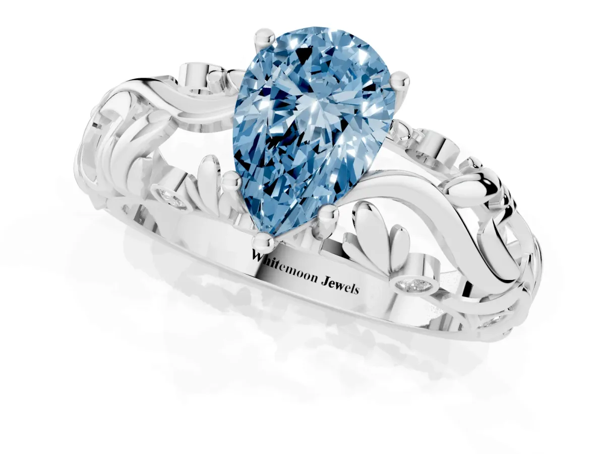 Fancy Blue Pear Cut Solitaire Diamond Leaf-Inspired Vine Band Ring with Prong Setting Silver