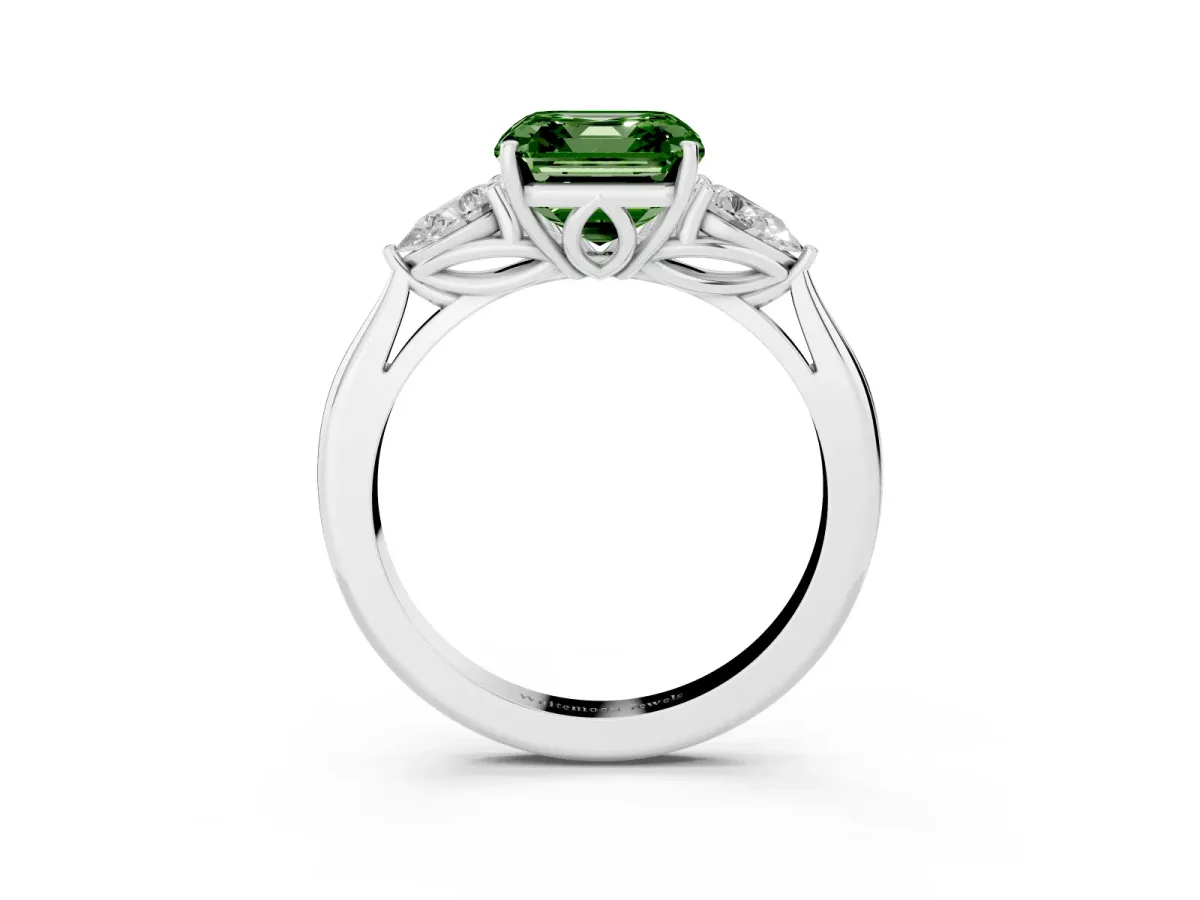 Fancy Green Three-Stone Asscher Cut Diamond Ring with Pear Side Stones in Four-Prong Setting Silver