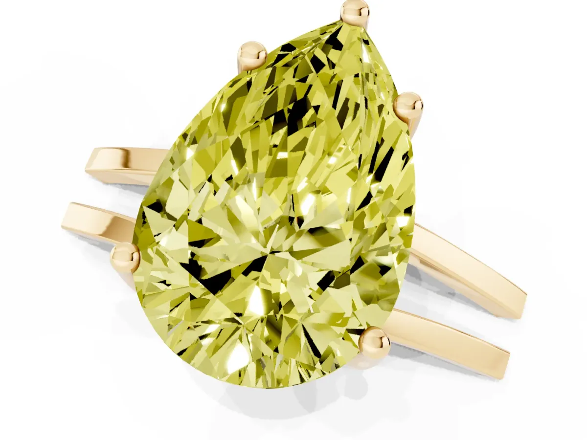 Fancy Yellow Pear Cut Cut Diamond Solitaire Engagement Ring with Tapered Plain Band and Four-Prong Setting Yellow gold