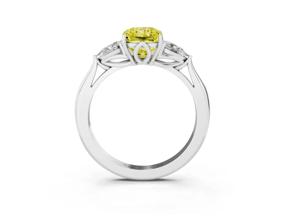 Fancy Yellow Three-Stone Radiant Cut Brilliant Diamond Solitaire Ring with Tapered Band and Four-Prong Setting Silver