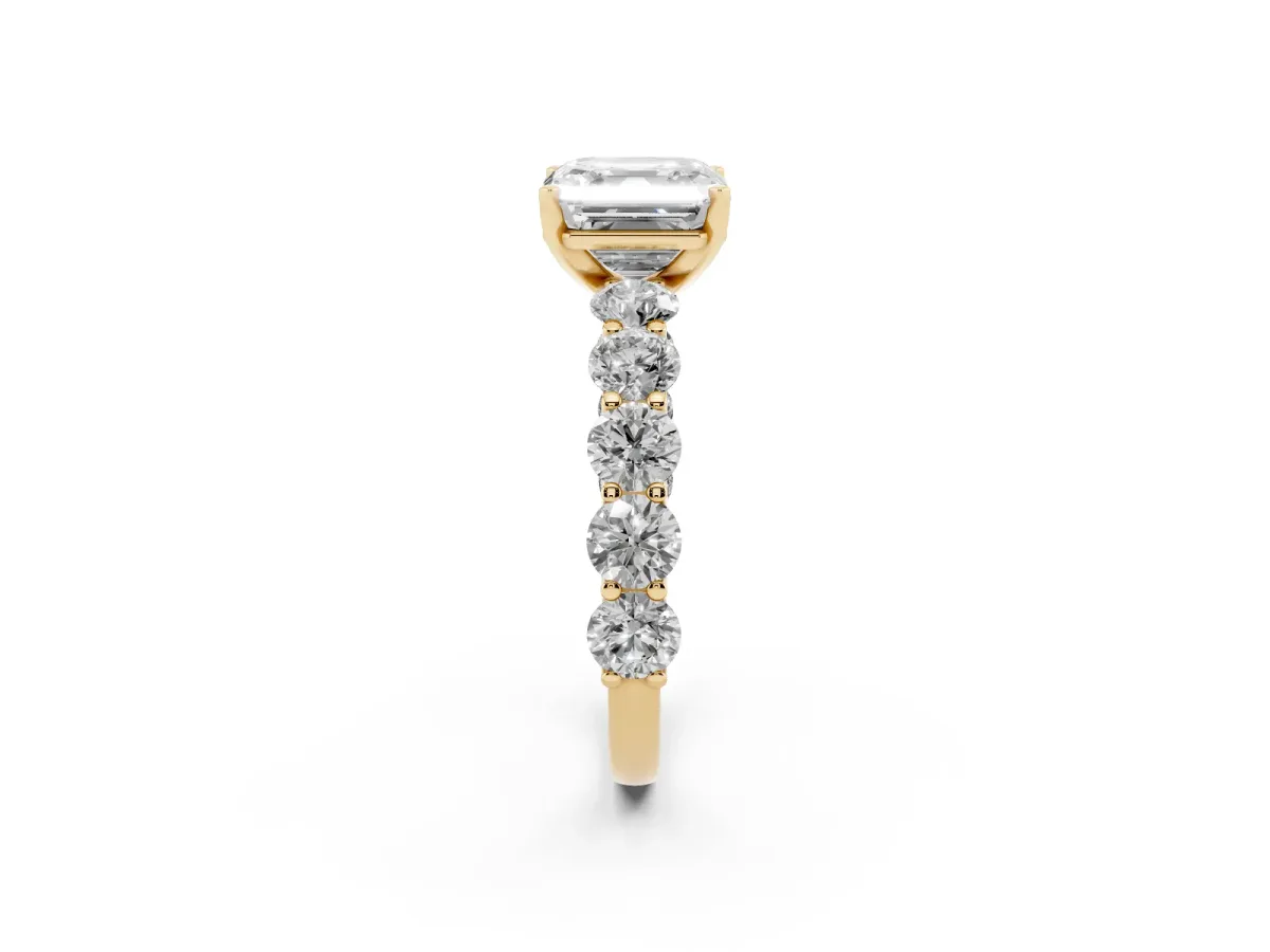 Asscher Cut Diamond Prong Setting with Side Stones on a Pave Band Yellow gold