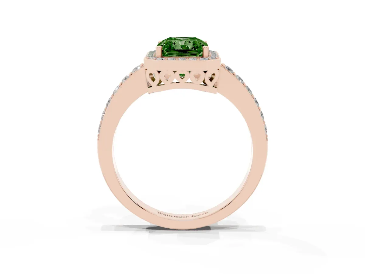 Fancy Green Radiant Cut Halo Diamond Pavé Band Ring with Prong Setting Rose gold