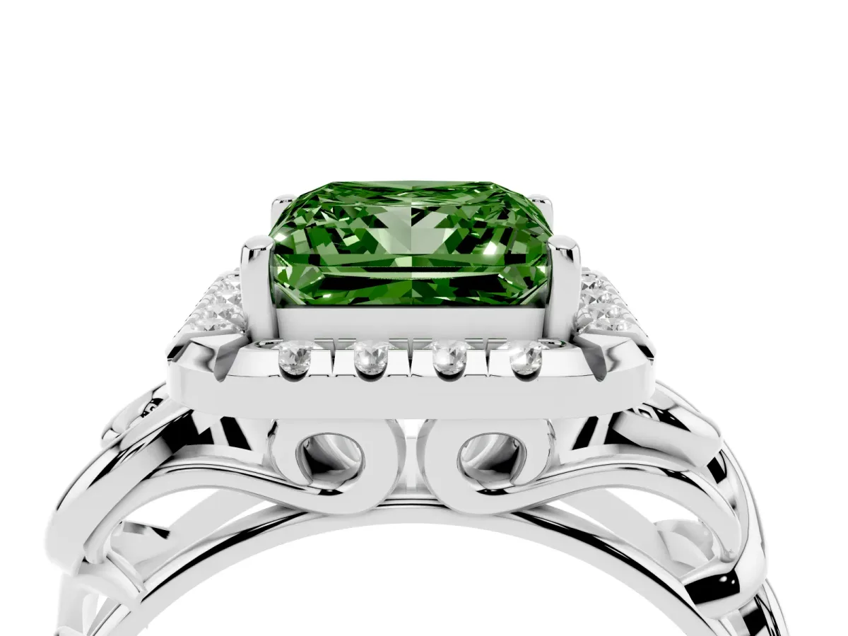Fancy Green Princess Cut Cut Halo Diamond Ring with Scrollwork Band and Four-Prong Setting Silver
