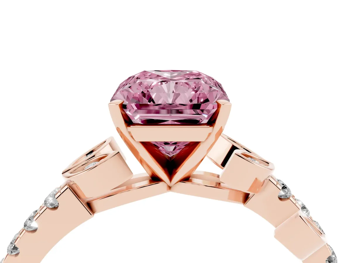 Fancy Pink Radiant Cut Solitaire Leaf-Inspired Diamond Ring with Pavé Band and Four-Prong Setting Rose gold