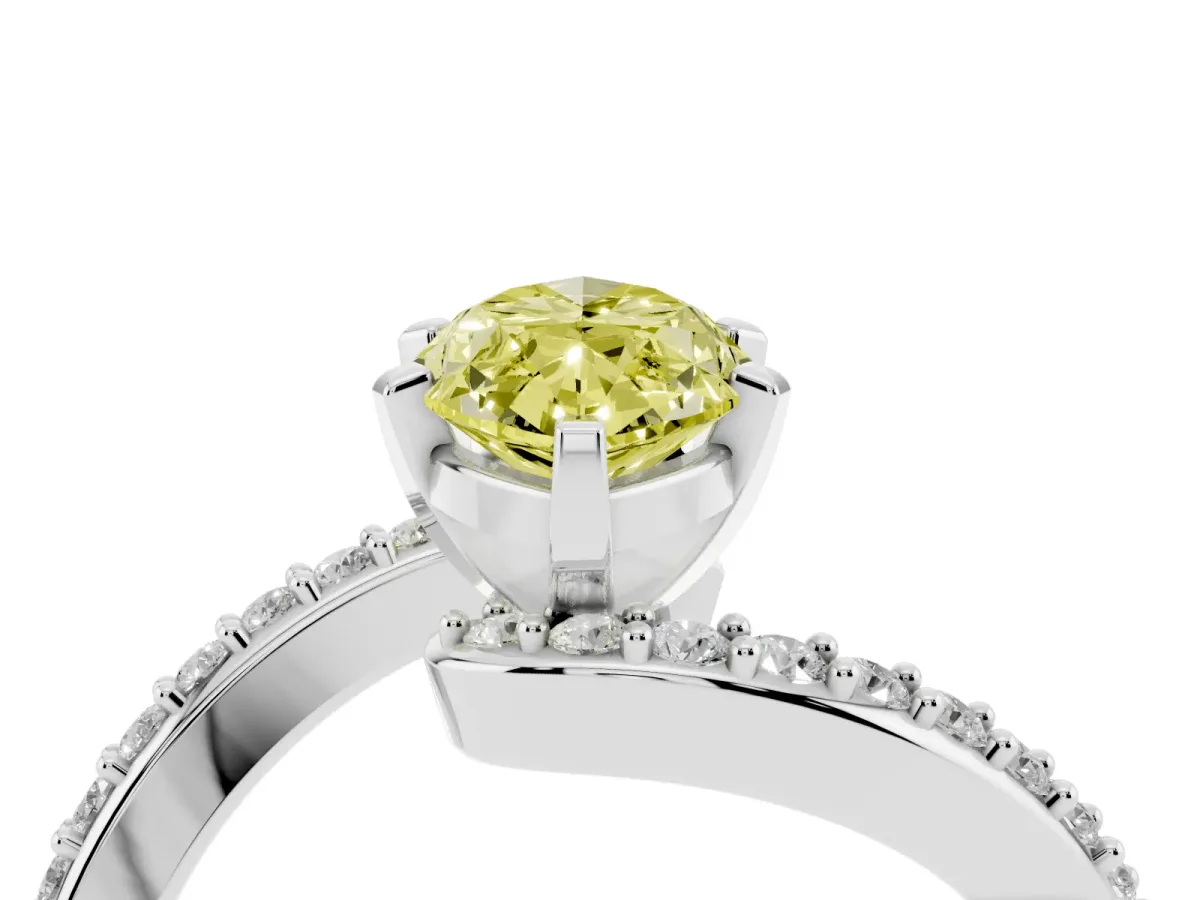 Fancy Yellow Marquise Cut Solitaire Twist Band with Pave Set Diamonds and Four-Prong Setting White gold