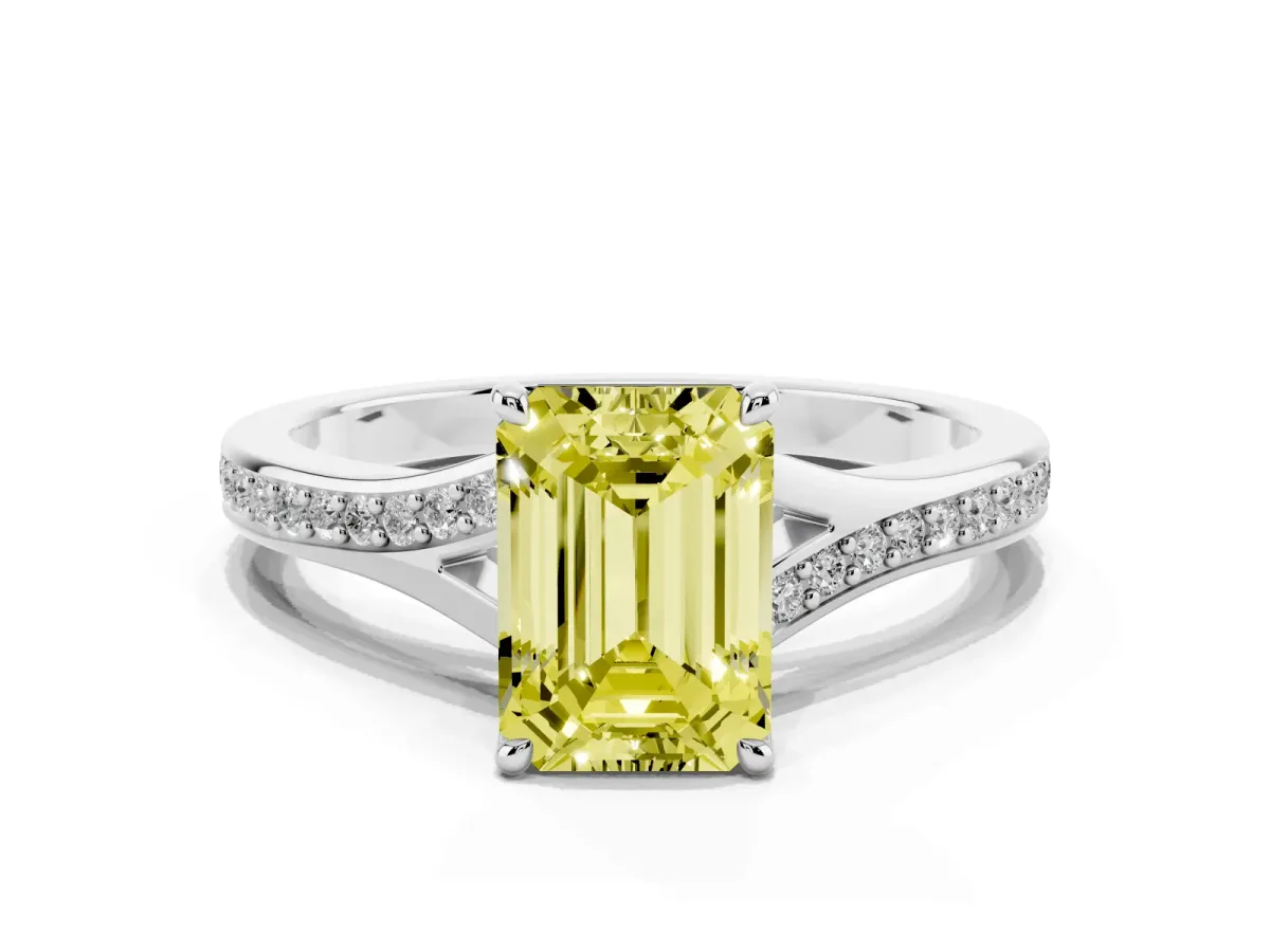 Fancy Yellow Emerald Cut Diamond Solitaire Ring with Pavé Band and Prong Setting Silver