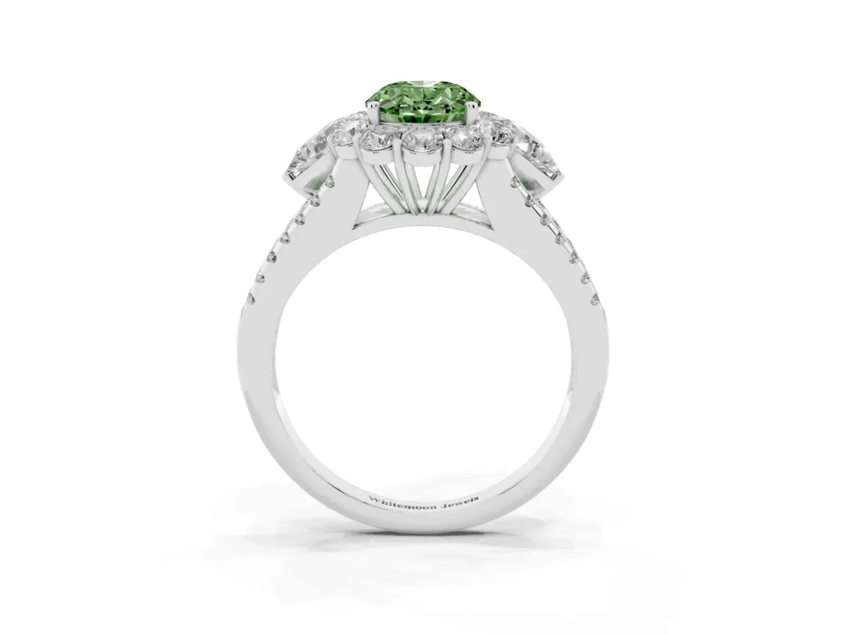 Fancy Green Oval Cut Halo Split Shank Diamond Engagement Ring with Prong Setting Platinum