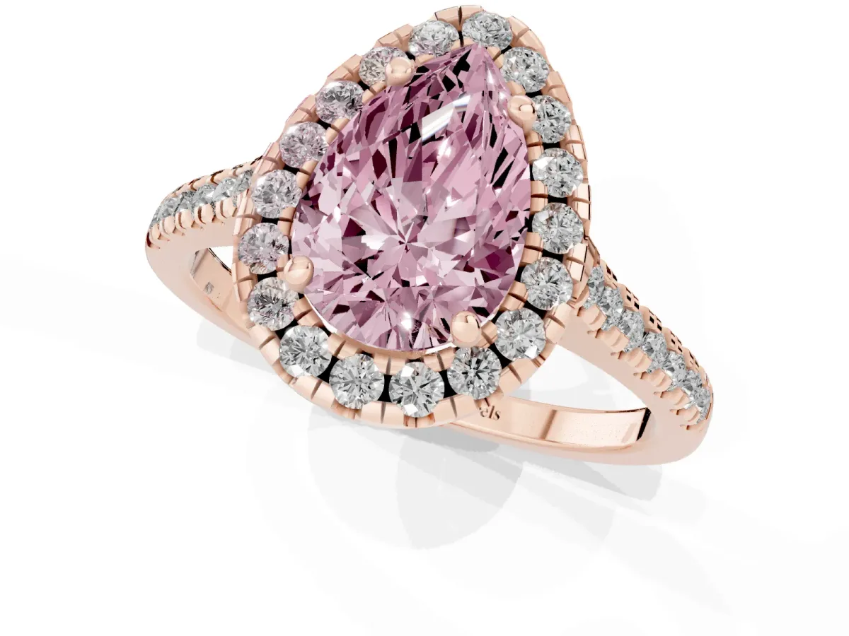 Fancy Pink Pear Cut Diamond Cushion Halo Ring with Pavé Band Rose gold