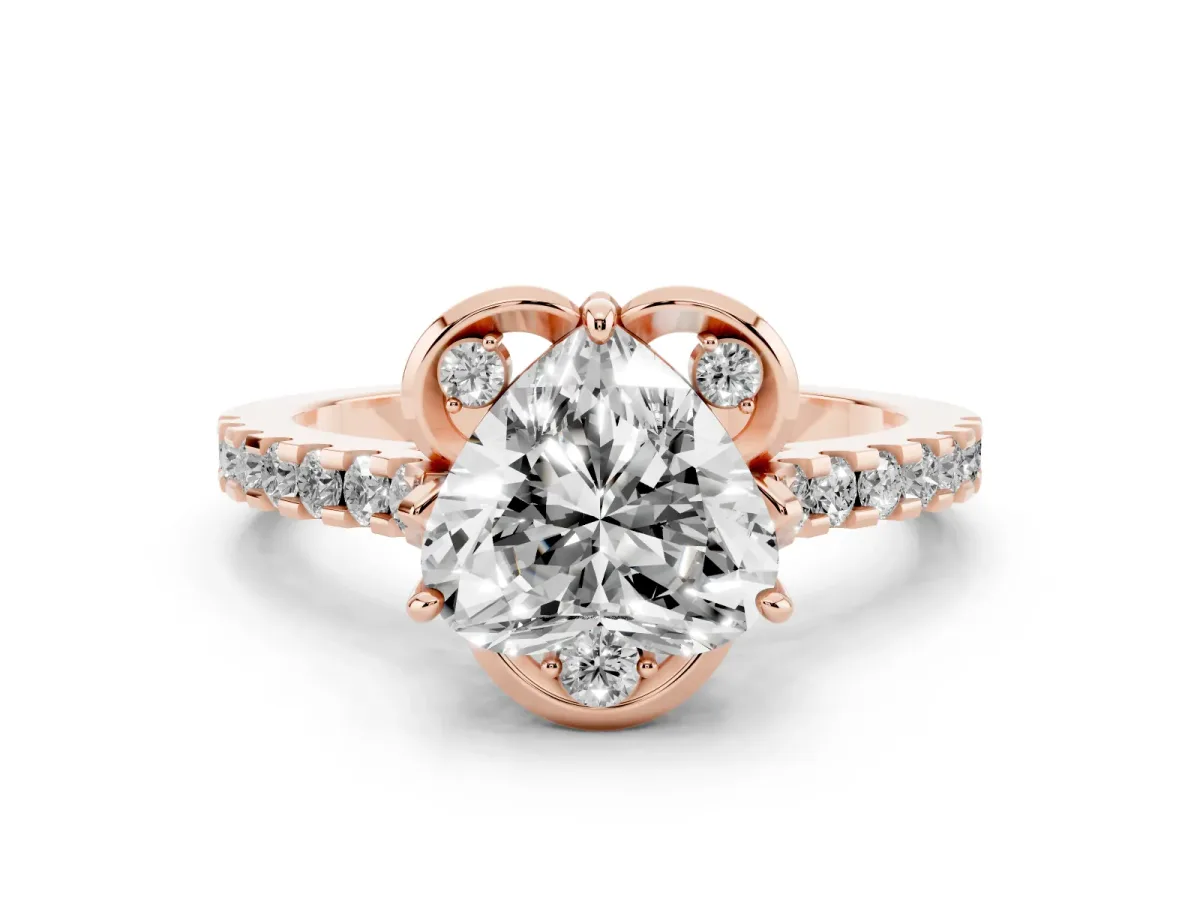 Heart Cut Diamond Ring with Pavé Band and Floral Prong Setting Rose gold