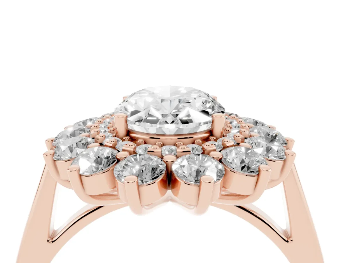 Oval Cut Diamond Floral Double Halo Engagement Ring with Prong Setting Rose gold
