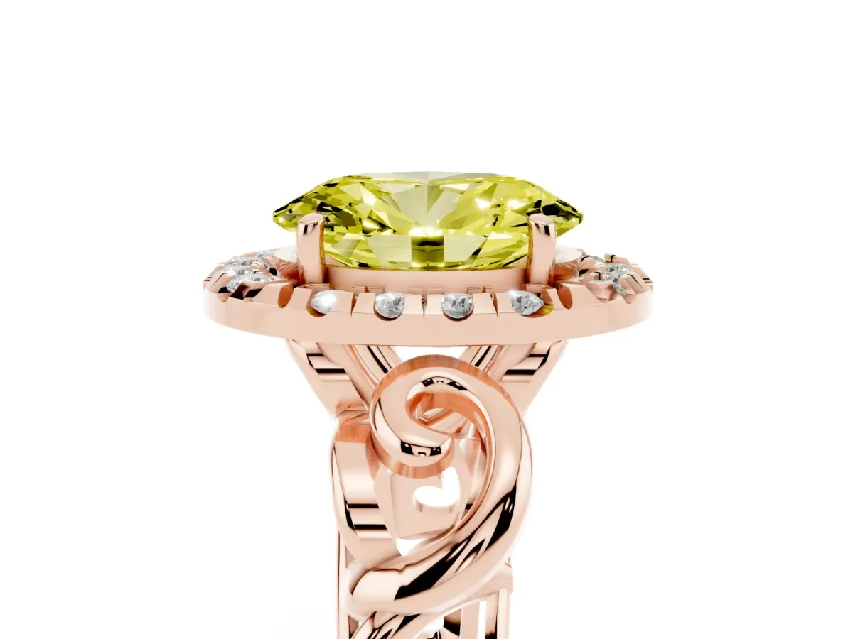 Fancy Yellow Oval Cut Cut Halo Diamond Ring with Scrollwork Band and Four-Prong Setting Rose gold