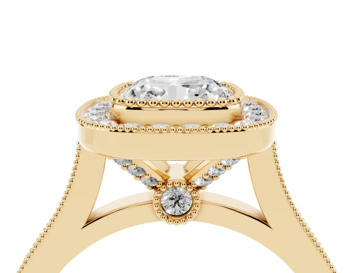 Cushion Cut Diamond Halo Ring with Milgrain Frame and Pavé Band Yellow gold
