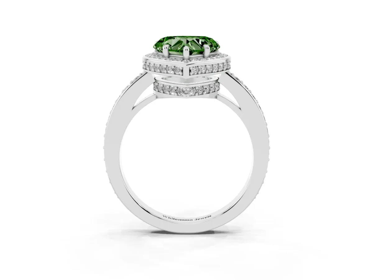 Fancy Green Heart Cut Halo Pave Band Solitaire Ring with Prong Setting White gold