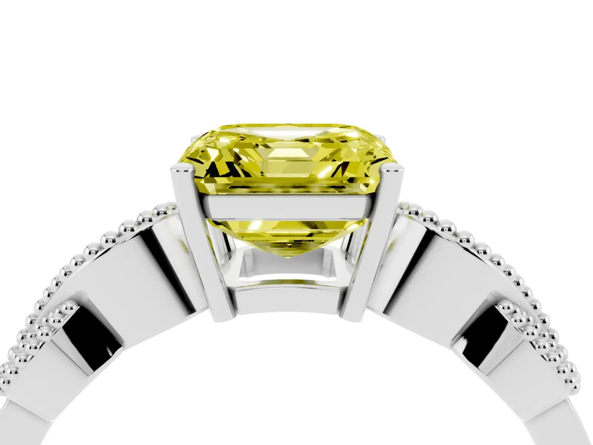 Fancy Yellow Asscher Cut Solitaire Milgrain Leaf Band with Prong Setting Silver