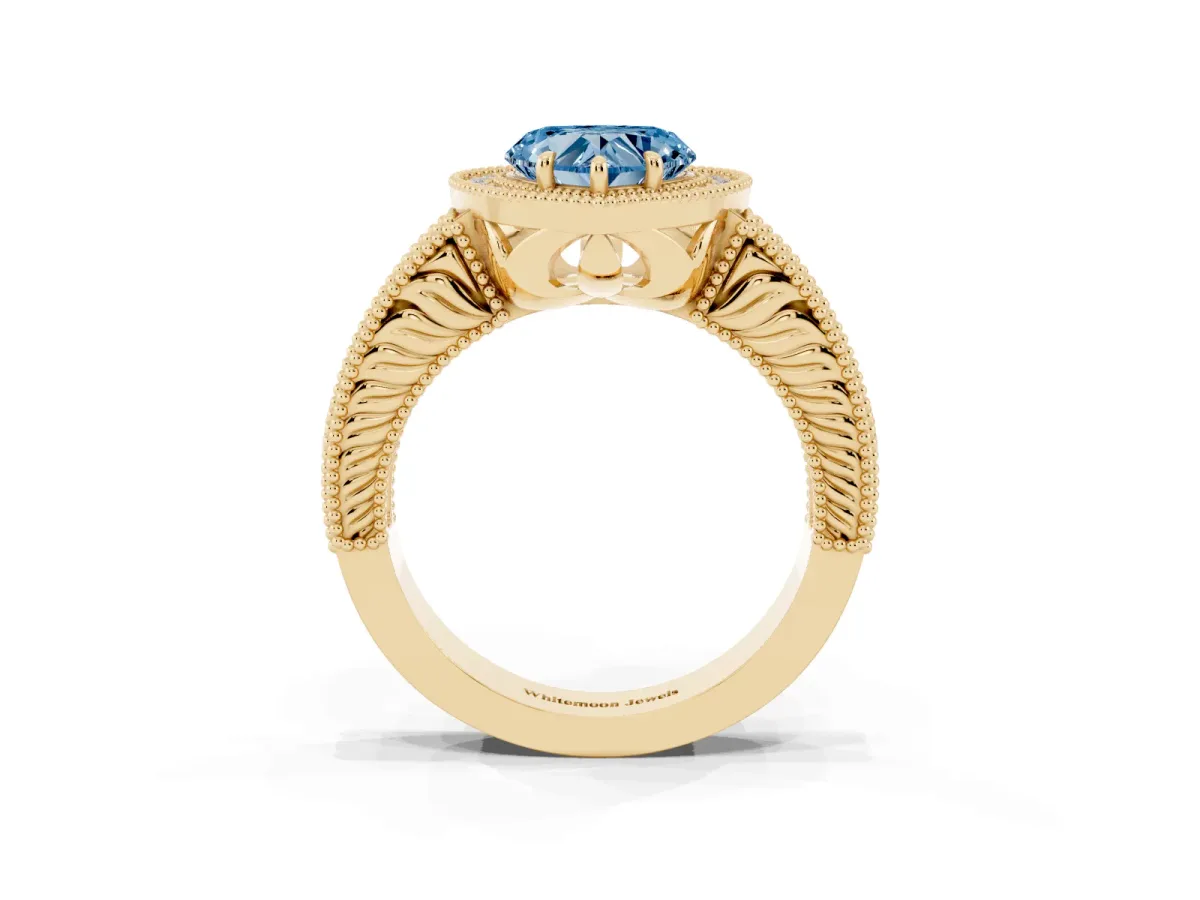 Fancy Blue Heart Cut Cut Halo Diamond Ring with Pavé Band and Four-Prong Setting Yellow gold