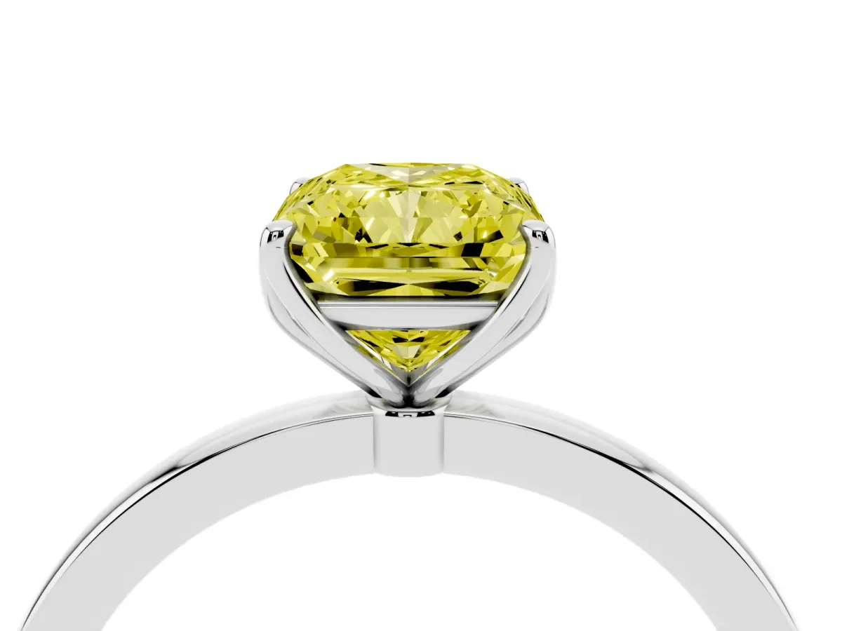 Fancy Yellow Radiant Cut Diamond Solitaire Ring with Thin Band and Prong Setting White gold