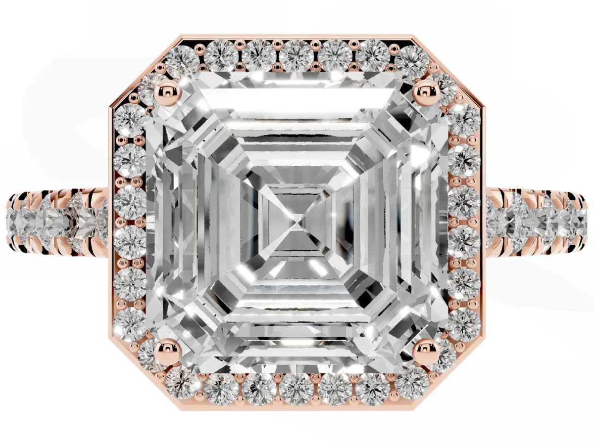 Asscher Cut Cut Halo Diamond Engagement Ring with Pave Band and Four-Prong Setting Rose gold
