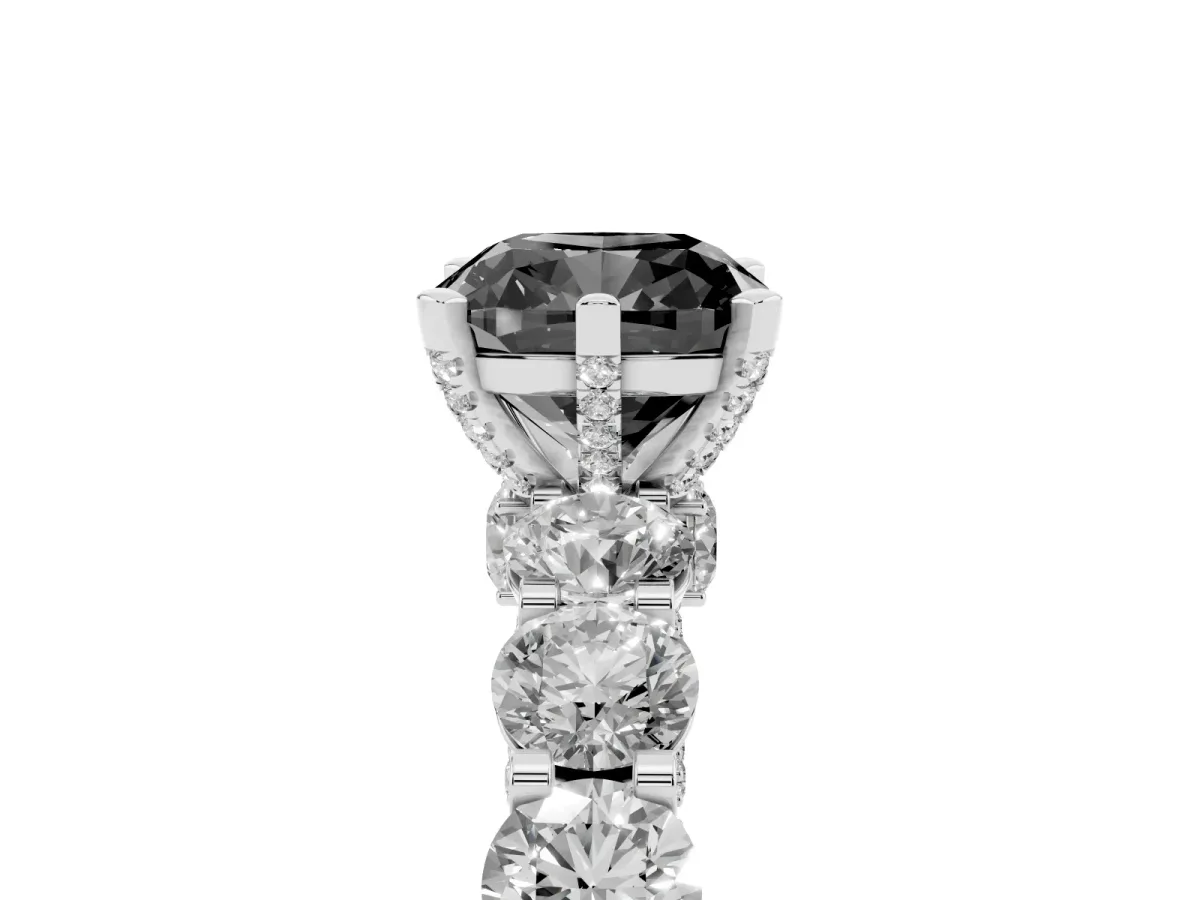 Fancy Black Cushion Cut Diamond Side Stone Engagement Ring with Four-Prong Setting Silver