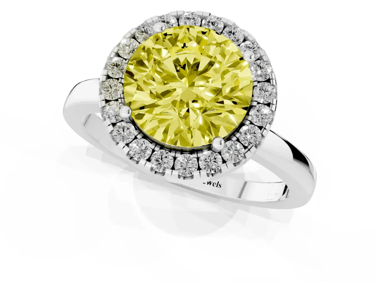 Fancy Yellow Round Cut Halo Diamond Solitaire with Pavé Band and Four-Prong Setting Silver